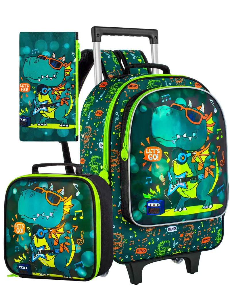 3Pcs Dinosaur Rolling Backpack for Boys, Kids School Backpacks with Wheels, Roller Bookbag with Lunch Box for Elementary Preschool(Green)