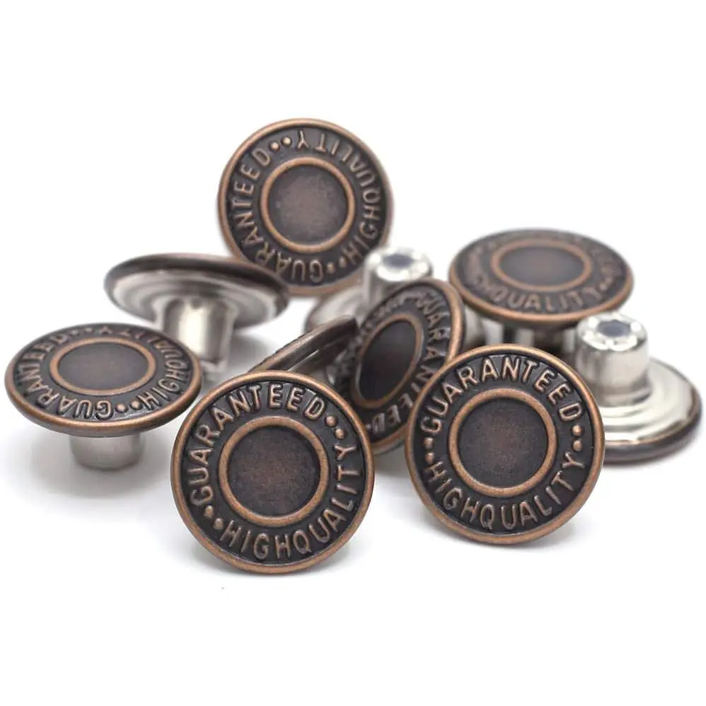 17mm Brass Jeans Buttons, No Sew Metal Tack Buttons Replacement Kit (Red Copper)