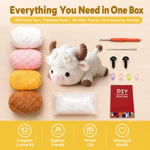 Cute Cow Beginner Crochet Kit, Complete DIY Knitting Supplies Pack with Yarn, Crochet Hook, Step-by-Step Video Tutorial, Handmade Craft Gift for Adults Teens