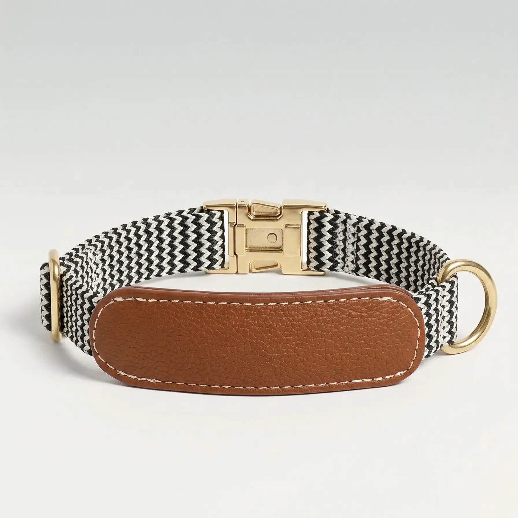 Handmade Woven Leather Dog Collar - Chevron Pet Collar with Gold Hardware