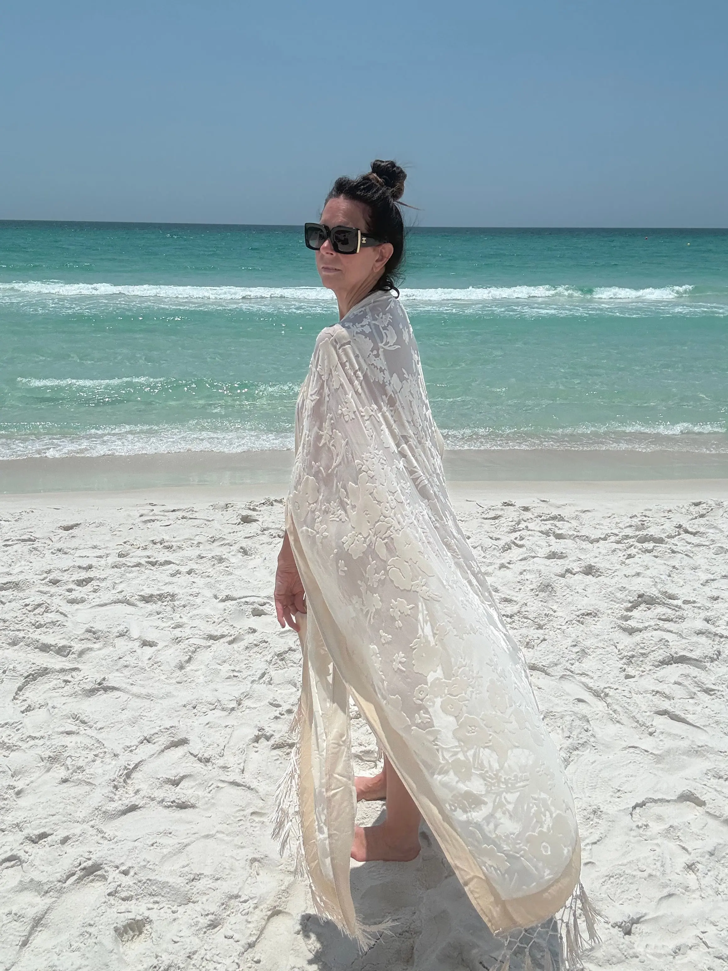 Ivory Velvet Floral Fringe Maxi Duster/Kimono