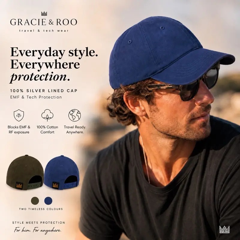 Gracie and Roo EMF Protection Hat 100% Cotton Outer 100% Silver Lining Adjustable Snap Back Unisex Travel Tech Wear Outdoor Activities