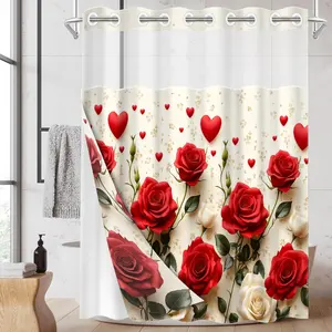 1pc hookless shower curtain with buckle lining, Valentine's Day red and white rose design, 2D printing, fabric waterproof lining, see-through double-layer shower curtain, 71 x 74 inches, Bathroom Decorations
