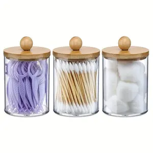 3 Piece 10 Oz Cotton Swab Organizer Set, Bamboo Lid Transparent Plastic Bottle Container, Makeup Storage Box Includes Swabs Balls Pads Floss