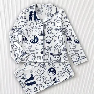 Cute Cat Doodle Pajama Set for Women, Cartoon Kitty Print Satin Sleepwear, Funny Cat Lover PJs, Cozy Button Down Loungewear, Aesthetic Nightwear Gift, Kawaii Illustrated Cats Matching Outfit