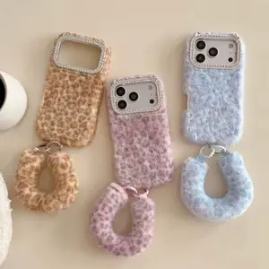 Luxury Leopard Print Diamond Warm Fluffy Plush Phone Case For iPhone 17 Series With Bracelet Shockproof Cover