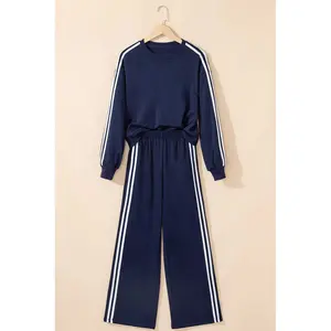 Dirty blue Varsity Striped Detail Crewneck Pullover Elastic Sweatpants 2pcs Outfit