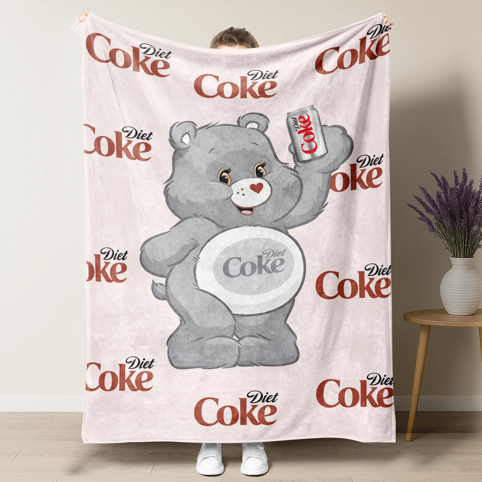 Diet Coke Care Bear Flat Velvet Blanket Soft Office Bedding Plush Thin Quilt Holiday Gift for Girls Cute Cartoon Gift Idea