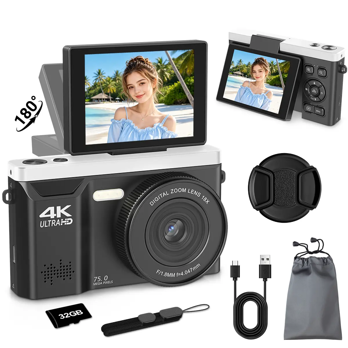 WIKICO 4K Digital Camera for Photography, 75MP Vlogging Camera with 18X Digital Zoom, 2.8-Inch 180° Flip Screen, LED Light & 32GB Micro SD Card, Portable Travel Camera for Beginners & Teens