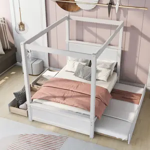 Full Size Canopy Bed with Trundle Bed and two Drawers , Wood Canopy Platform bed With Support Slats .No Box Spring Needed, Brushed White