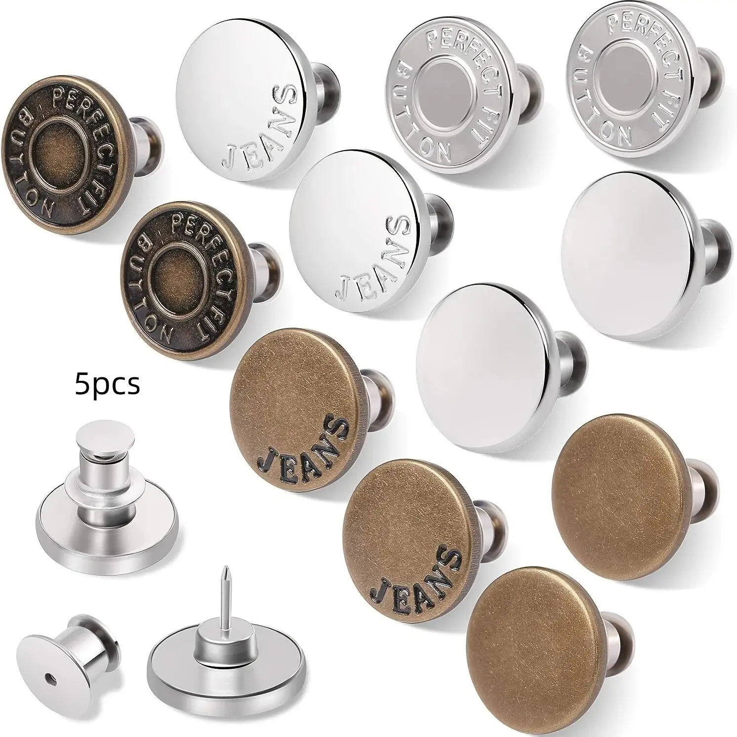 5/10 Piece Detachable Jeans Buttons, Quick-Fastening Pants Pins, Stretchable Non-Sewing Hooks, Installation Tools, Durable Metal Structure, Ideal for Denim Repair, Button Decor, Versatile, Craft