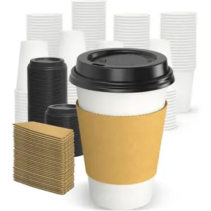 100 packs of 12-ounce disposable coffee cups, with lids and sleeves, made of sturdy thick paper, leak-proof and insulated takeaway paper hot coffee cups, with sippy lids, suitable for hot and cold drinks| with lids and sleeves, sturdy, leak-free, heat-in