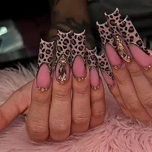 Press on Nails - Long Square Fake Nails with Cheetah French Tip, Acrylic Rhinestone Design 24 pcs
