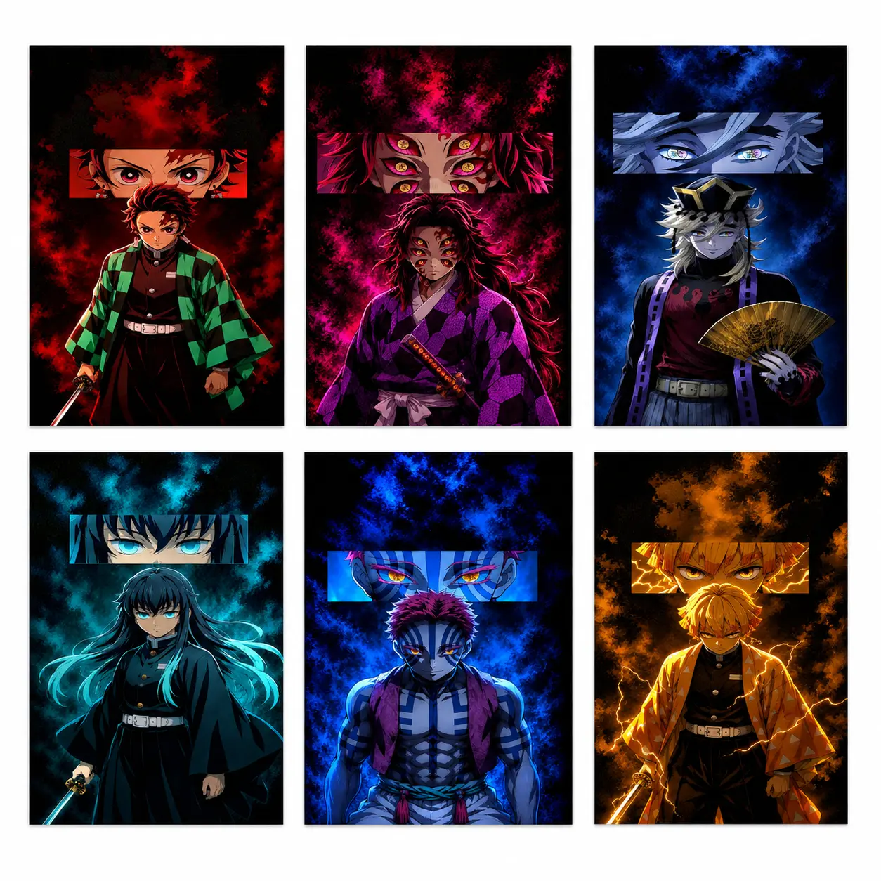 Demon Slayer Character Collection Anime Wall Art Poster, Tanjiro, Nezuko, Zenitsu, Giyu, Muichiro, Akaza, Doma & Kokushibo Canvas Print, Bedroom, Living Room, Gaming Room, Dorm, Office Decor bedroom wall