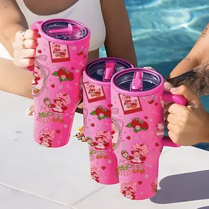 AuraCup 40oz Insulated Tumbler with Handle and Straw, Strawberry Girl Pattern Stainless Steel Travel Cup, Double Wall Vacuum Mug Keeps Drinks Cold Hot, Large Capacity Water Cup for Home Office Car and Outdoor Use, Stainless Steel Thermos