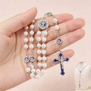 Glass Pearl Beads with Miraculous Epoxy Heart Metal Beads Rosary Necklace pack in Velvet Gift Bag with Rosary Pray Card