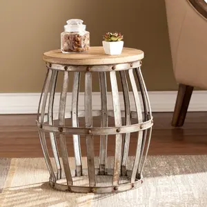 360 Stand 18 in. Manufactured Wood Round End Table - Silver & Natural, Iron Open Frame, Rustic Farmhouse End & Modern Accent Tables, Indoor Side/Bedside Furniture, Farmhouse End Tables