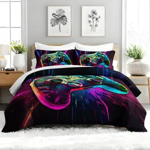 3pcs Neon Game Controller  Comforter Set, Vibrant Gaming Themed Duvet Set for boys and Adults Bedroom or Guest Room Decor, Lightweight Soft All Seasons Comforter Machine Washable Microfiber Quilt with 2 Pillowcases , Gifts for the Family