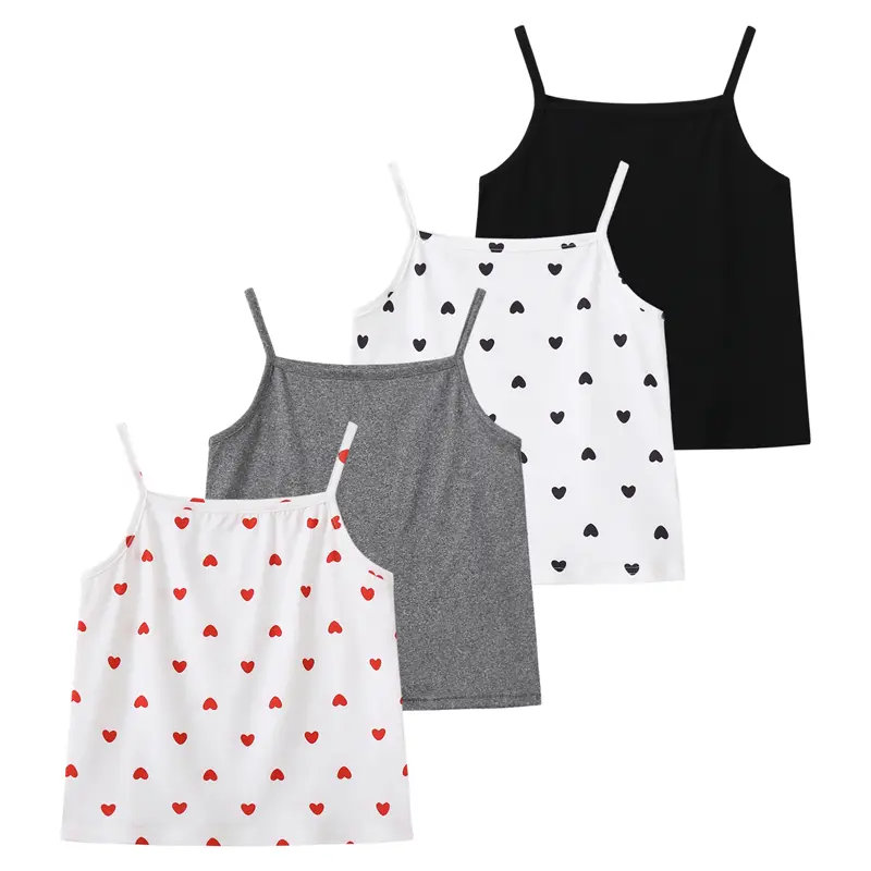 Girls' 4-Piece Polyester Tank Top Set, Girly Heart-Print Sleeveless Casual Underwear, Lightweight Breathable Sleeveless Freedom Kids' Clothes for Ages 3-10, Youth Underwear
