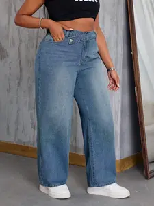 Women's Plus Size Denim Fashion Design, Casual Loose Comfortable Wide Leg Pants, Water Wash Craftsmanship, Elegant Style Long Trousers