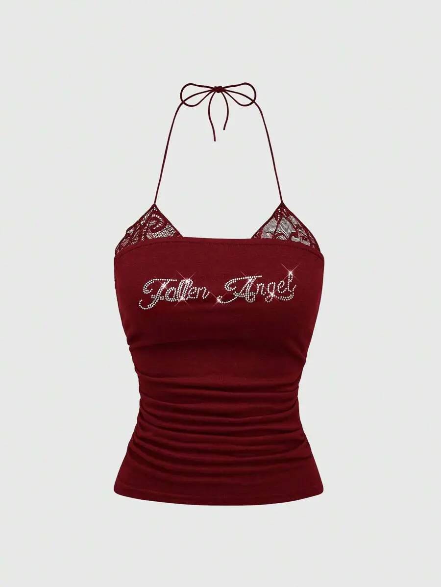 Women's Rhinestones Decorated 2 In 1 Lace Trim Halter Tank Top