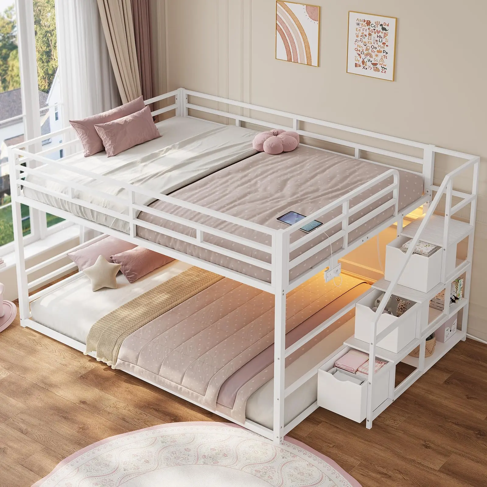 Sikaic Full Over Full Low Bunk Bed with Stairs, 3 Storage Drawers, RGB LED Lights & Power Outlet, Metal Floor Bunk Bed with Storage Shelves, Safety Guardrails, Space-Saving Bed Frame for Kids & Teens