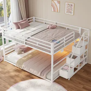 Sikaic Low Bunk Bed Full Over Full with Storage Stairs, 3 Drawers & Shelves, RGB LED Lights, Built-in Power Outlet, Metal Floor Bunk Bed with Full-Length Guardrails, Space-Saving Design for Kids & Teens, White