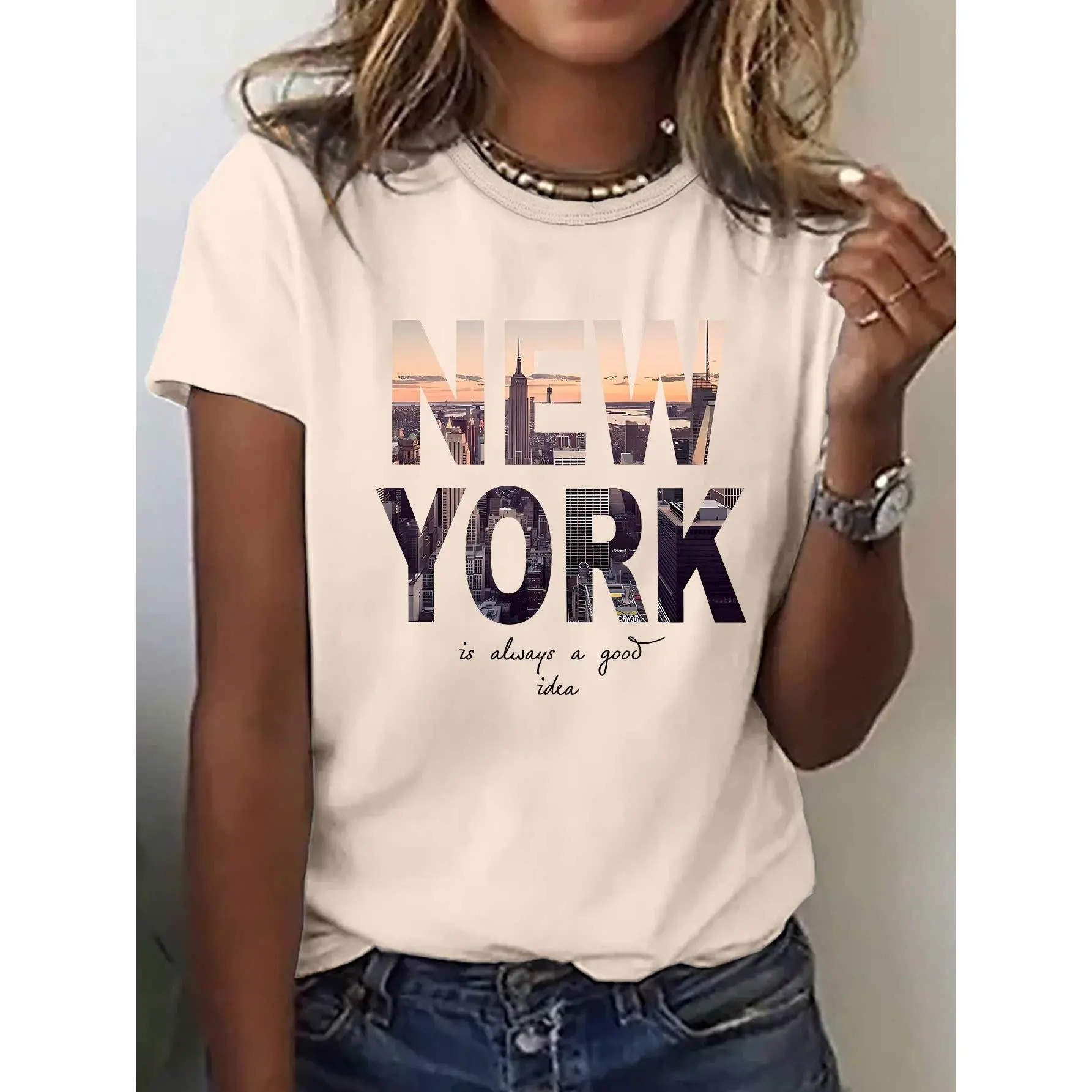 Women's Cotton Casual Comfy Tee - New York Monogram Graphic, Heart All Over Print, Round Neck, Mid Elastic, Figure-Flattering, Colorblock, All Seasons, Machine Washable Sports Top