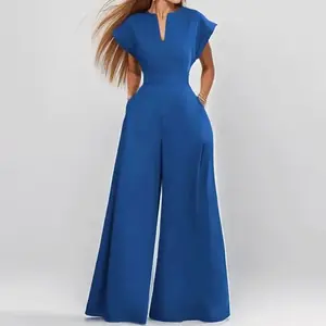 Loose Elegant Short Sleeve V-Neck Solid Color Wide-Leg Jumpsuit Womenswear Overalls