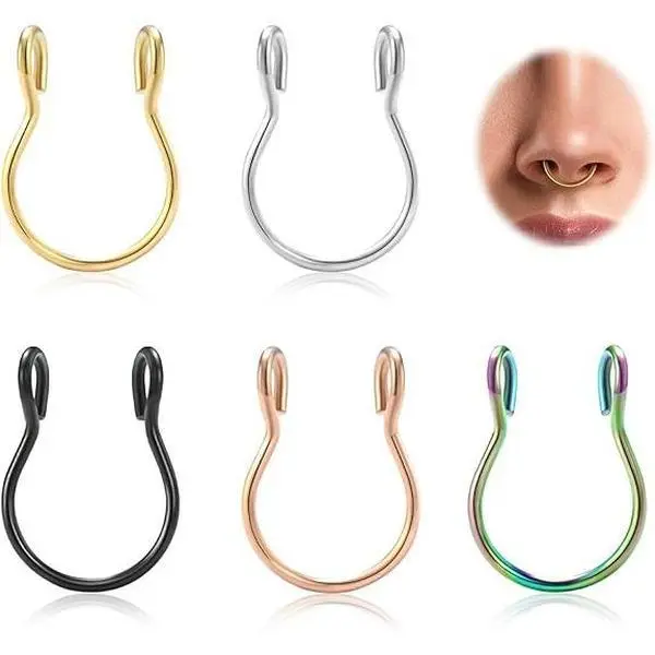 Handmade & Made-to-Order Clip-On Fake Septum Nose Rings, 5Pcs/Set, 22-20 Gauge, 8mm-10mm Sizes, for Personal Styling Fake Piercings, Clip-On Ring, Nose Rings Set, Multi-Size