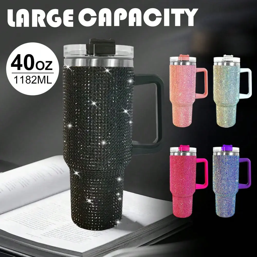 40oz Stainless Steel Diamond-Shiny Insulated Metal Tumbler, Large-Capacity Travel Mug with Handle and Straw, Warm Mug Vacuum Flask for Outdoor Use, Holiday-Birthday Gift