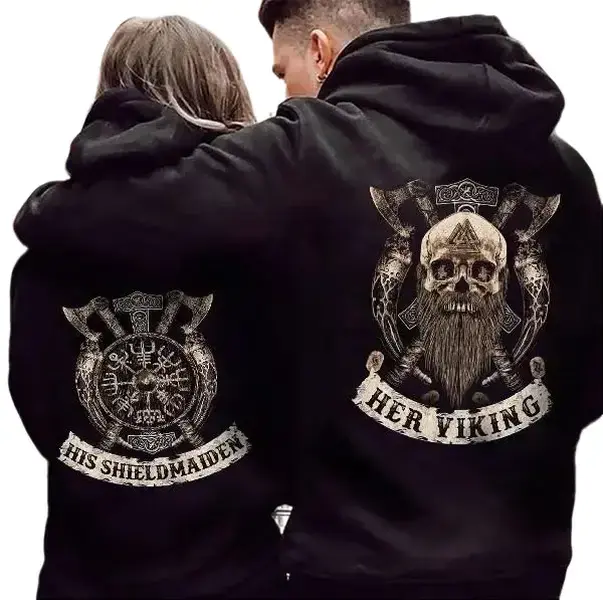Soft Fleece Couple Hoodie with Her Viking & His Shieldmaiden Print, Classic Fit Pullover with Ribbed Cuffs and Stretch, Stylish Anniversary Gift, Set, Fabric, Yarn, Jet, Matching, Seamless, Sweatshirts