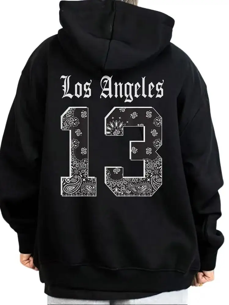 Los Angeles 13 Chicano Clothing Lowrider Style Chicana Art Gangster Clothes Cholo Outfit Cotton Fabric Unisex Hoodie for Men and Women Long Sleeve Casual Streetwear