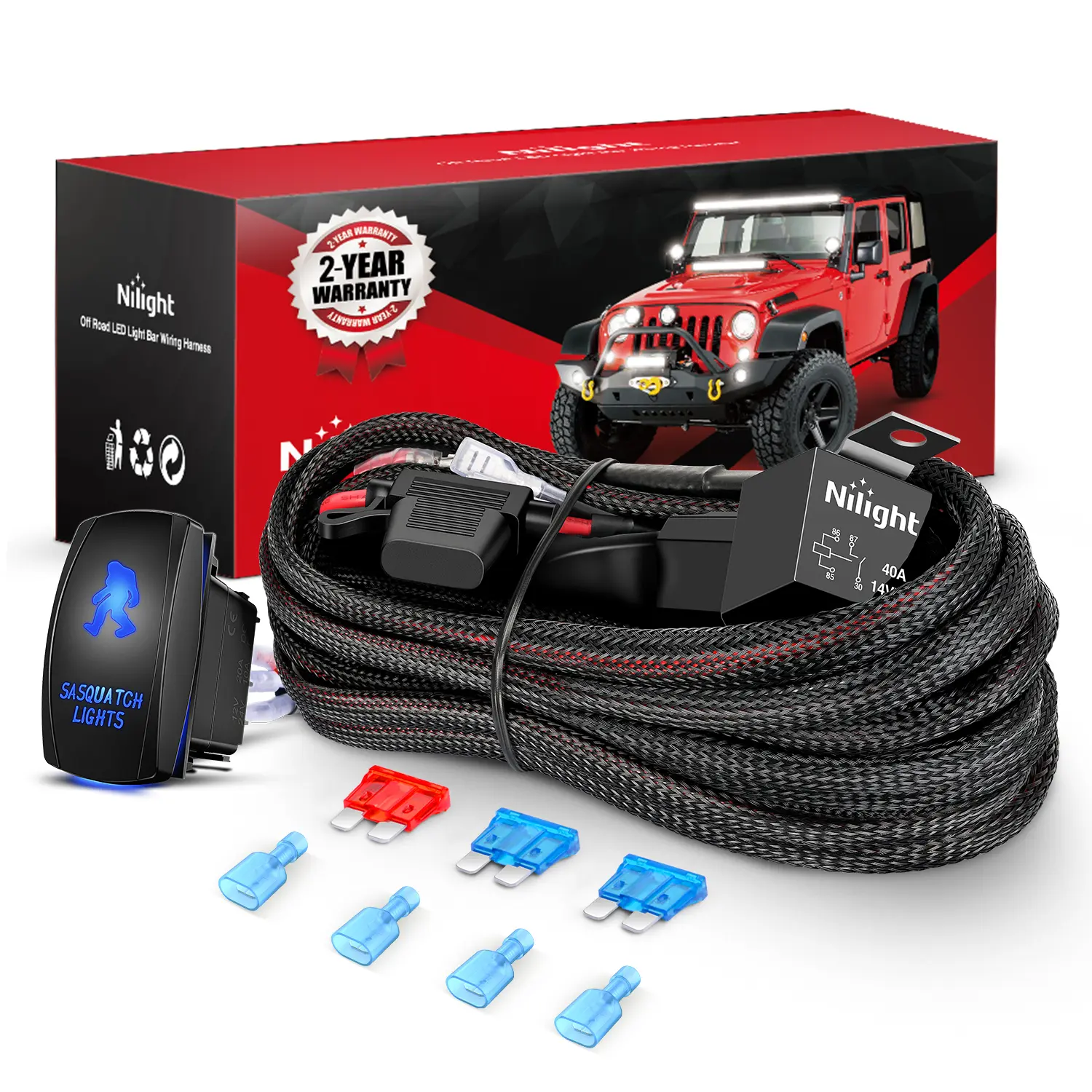 Nilight 16 AWG Nylon Wiring Harness Kit with 2-Lead Sasquatch Lights, 12V 5-Pin Rocker Switch, Power Relay & Blade Fuse for LED Off-Road Light Bars – Car Accessories, Auto Parts Accessories for Cars, Jeeps, Led Car Ambient Light