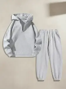 Men's Solid Color Zip-Up Two-piece Set, Casual Long Sleeve Hoodie & Drawstring Pocket Sweatpants for Fall Winter, Fashion Men's Outfits for Daily Wear, Cozy Airport Outfit