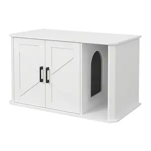Modern Wooden Cat Litter Box Enclosure - Large White Wooden Cat House - Double Door, Side Entry, Easy Clean, Odor Control, Sturdy Indoor Cat Cabinet