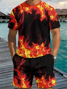Two-piece casual set with bold contrasting colors and 3D digital printing Flame, 2Pcs, trendy and fashionable outfit, trendy retro casual two-piece set, vacation-style trendy wear, breathable sporty casual style, perfect holiday gift for men, Menswear