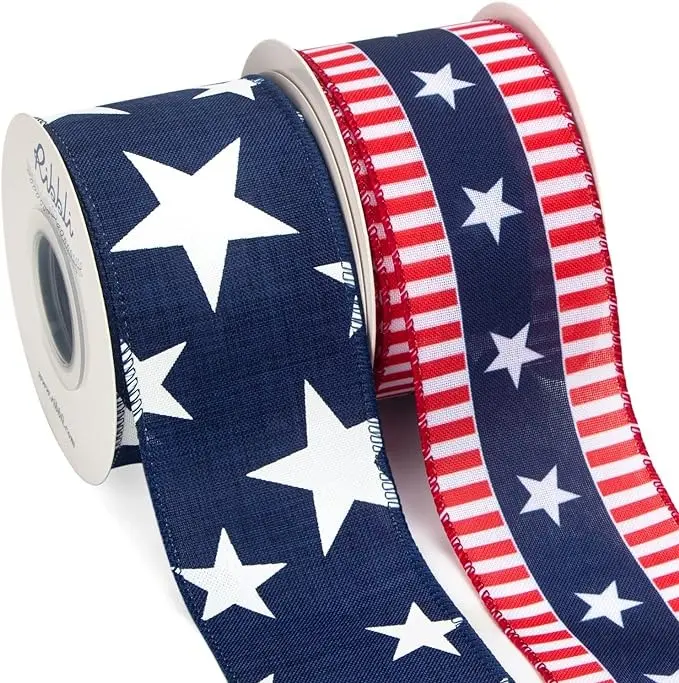 2 Rolls Patriotic Wired Ribbon,Stars and Stripes/Stars Ribbon, 2-1/2 Inch Total 60 Feet (20 Yard) 4th of July Red White Blue Ribbon for Wreaths,Crafts,Bows,Gift Wrapping,Outdoor Decoration