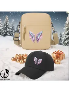 2pcs Pink and White Angel Wings on Black Background Print, Unisex Baseball Cap & Crossbody Bag, Men's and Women's Fashion Street Suit, Unisex Sportswear, Unique Gift Ideas, Adjustable Polyester, Casual Outdoor Sports Accessories