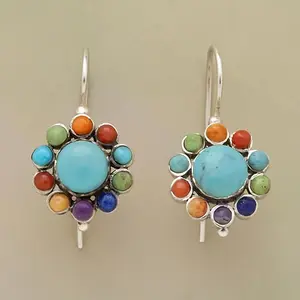 Colorful Turquoise Inlaid Dangle Earrings - Vintage Retro Boho Style Silvery Plated Delicate Female Jewelry