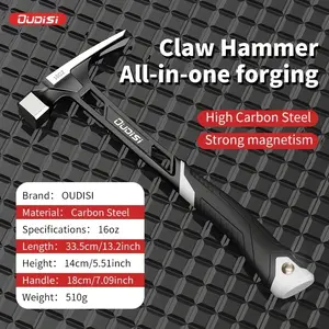 A high-carbon steel square-head right-angle claw hammer, designed for woodworking nail removal. Features a rubber-coated handle for comfortable grip. Suitable for construction, masonry, home improvement, and building projects. Hand Tools