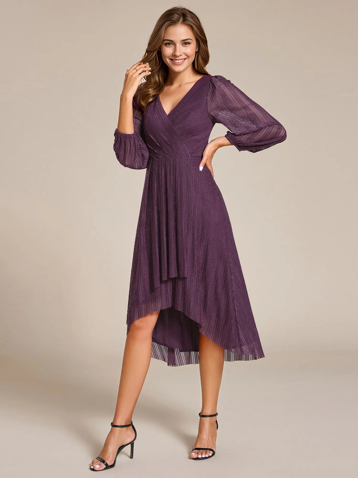 Ever-Pretty  Glitter Long Sleeve V-Neck A-Line Midi Wedding Guest Dress Flowy & Slimming Gown for Weddings, Vacations & Everyday Elegance 02266