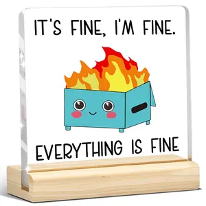 1pc Cute Dumpster Fire Acrylic Sign, “It's Fine, I'm Fine” Funny Office Desk Decor, Inspirational Coworker Gift for Women, Men, Boss, Friend, Kawaii Cartoon Firebox Plaque for Home Shelf, Farewell Decor, Birthday, Christmas, Decorative