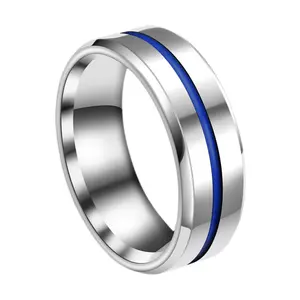 OIDEA Men's Stylish and Durable Stainless Steel Promise Ring - Scratch-Resistant, Unique Blue Inlay Groove, Elegant Simple Design, Sizes 6-12, Valentine’s Gift for Boyfriend (Men's Fashion Costume Jewelry Accessory)