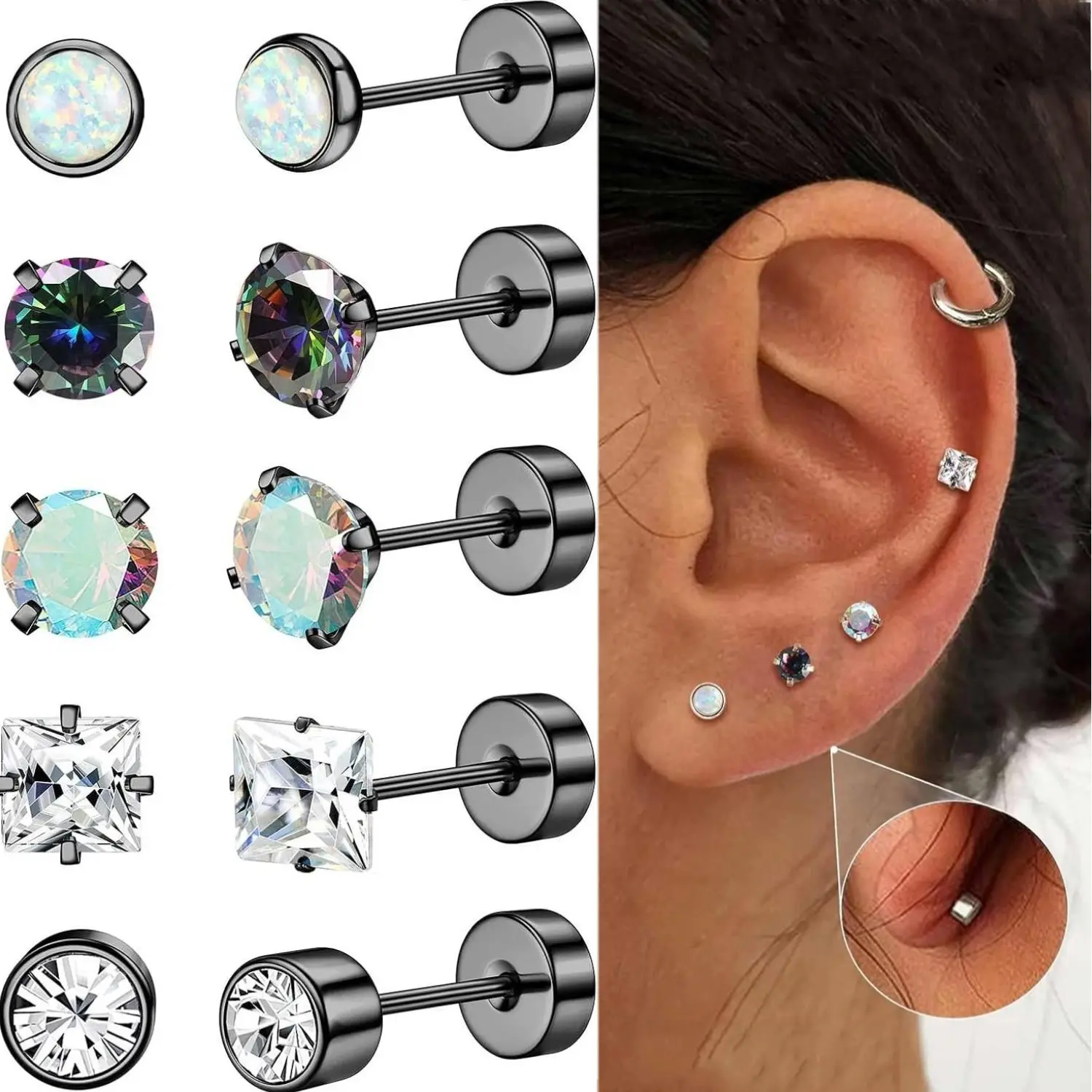 FIBO 5 Pairs Surgical Stainless Steel Flat Back Earrings for Women Men 20G Cartilage Stud Earrings Opal Cubic Zirconia Small Flatback Fashion Jewelry Accessories Gifts