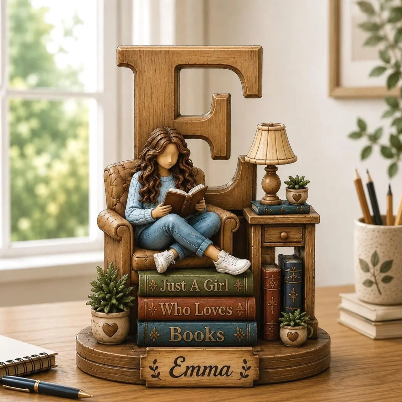 Personalized Wooden Book Lover Figurine, Custom Initial Letter & Name Block, Reader Shelf Decor, Library Decoration, Book Lover Gift