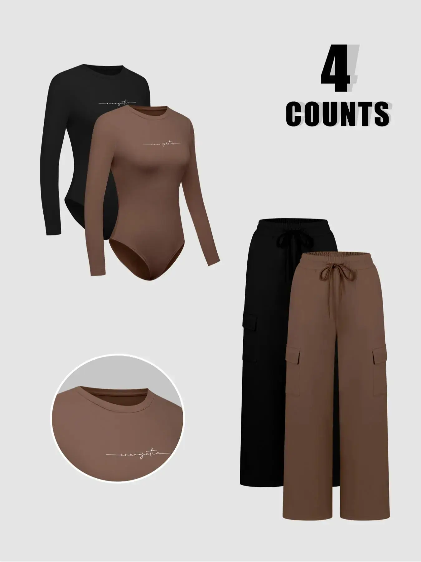 Women's Solid Jersey Soft Long Sleeve Fit Bodysuit & Adjustable Drawstring Waist Pants Set, Casual Round Neck Bodysuit & Trousers, Women's Clothing for Daily Wear, Everyday, Womenswear