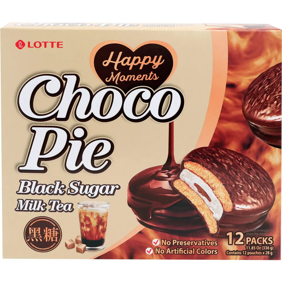 Lotte Black Sugar Milk Tea Caramel Choco Pie Baked Dessert Snacks, 336g Ambient-Temp Marshmallow-Filled Lactose-Containing Trending Sweet Treats, Baked Dessert Snack, Trending Snack