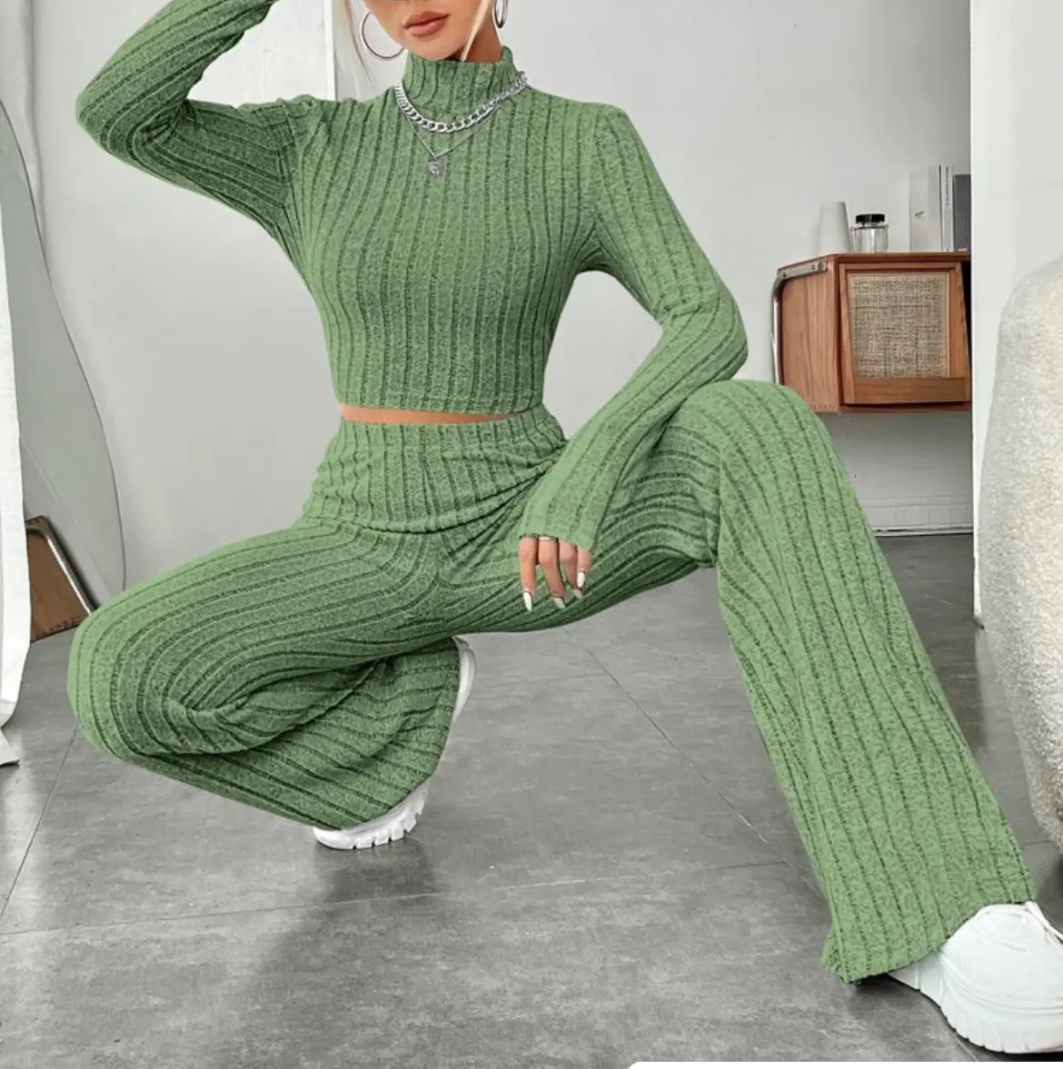 Women's 2-Piece Girly Solid Cotton Fabric Long-Sleeve Turtleneck & High-Waist Wide-Leg Trousers Set, Longsleeves