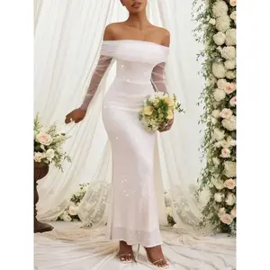 Off-Shoulder Mermaid Long Dress, Elegant Dresses, Elegant Sequined Design for Weddings & Formal Events, Slim-Fit Long-Sleeve Gown for All Seasons